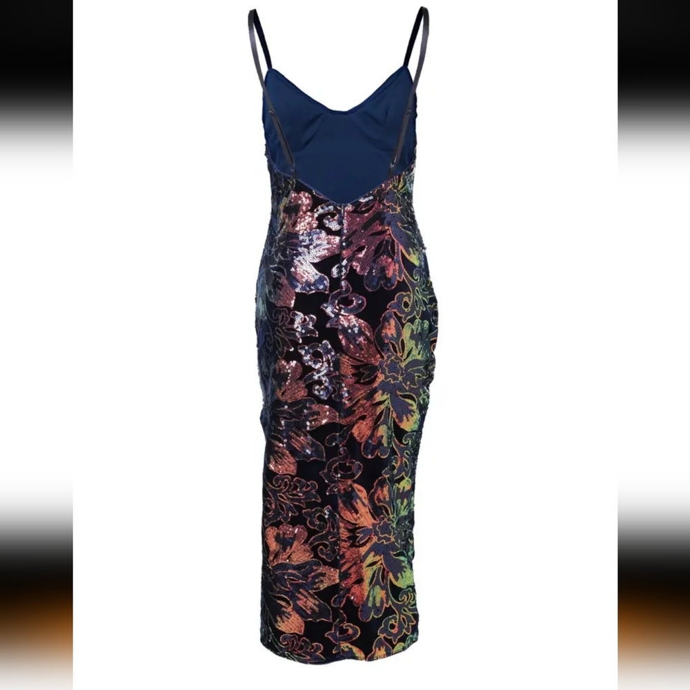 Rainbow Iridescent Sequin Floral Midi Dress W/Deep V Neck & High Thigh Split (S) - Picture 3 of 10